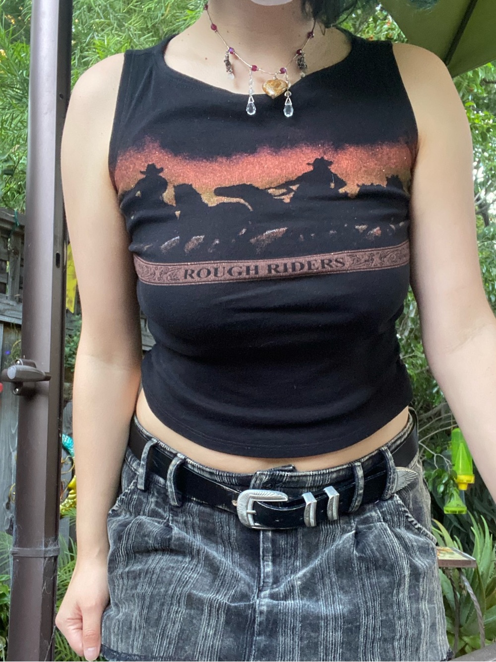 FANG Cowboy 'Rough Riders' Glitter Graphic Cropped Black Tank Top